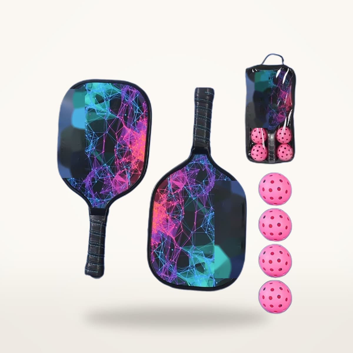 Deux raquettes de pickleball à décor coloré, quatre balles roses et leur pochette de transport à filet