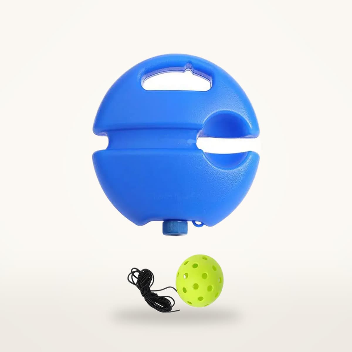 Entraîneur de pickleball avec balle verte reliée à un élastique et base bleue lestée