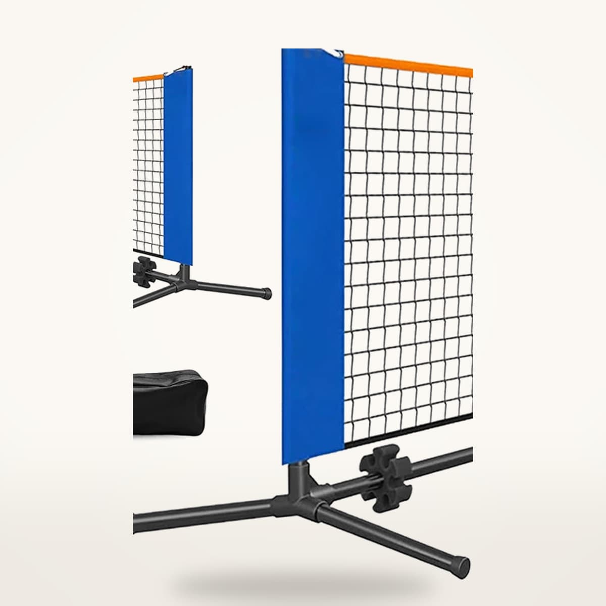 Filet de pickleball à cadre en tubes d'acier, présenté de face et de trois quarts avec sa housse de rangement