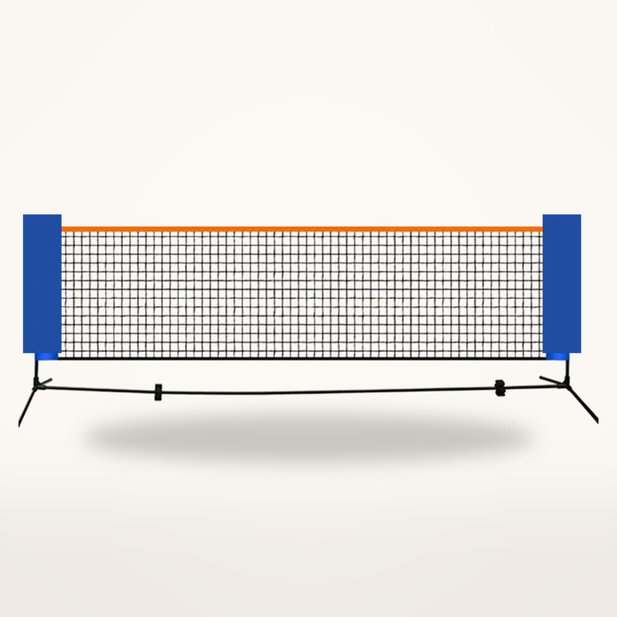 Filet portable multisport à panneaux bleus et bande supérieure orange, monté sur sa base, sur fond neutre