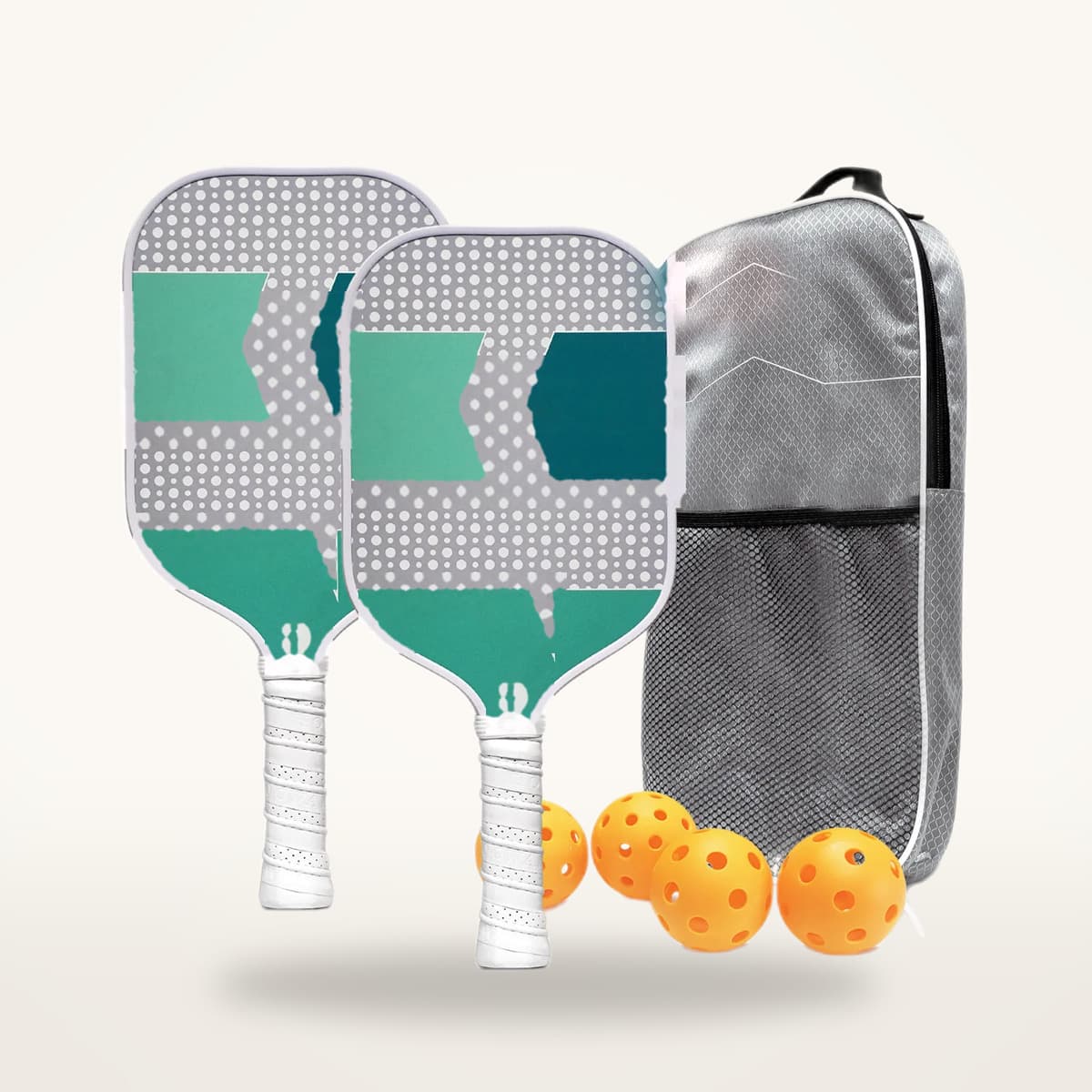 Kit de pickleball avec deux raquettes à grip blanc, quatre balles orange et une housse rigide grise à poche filet