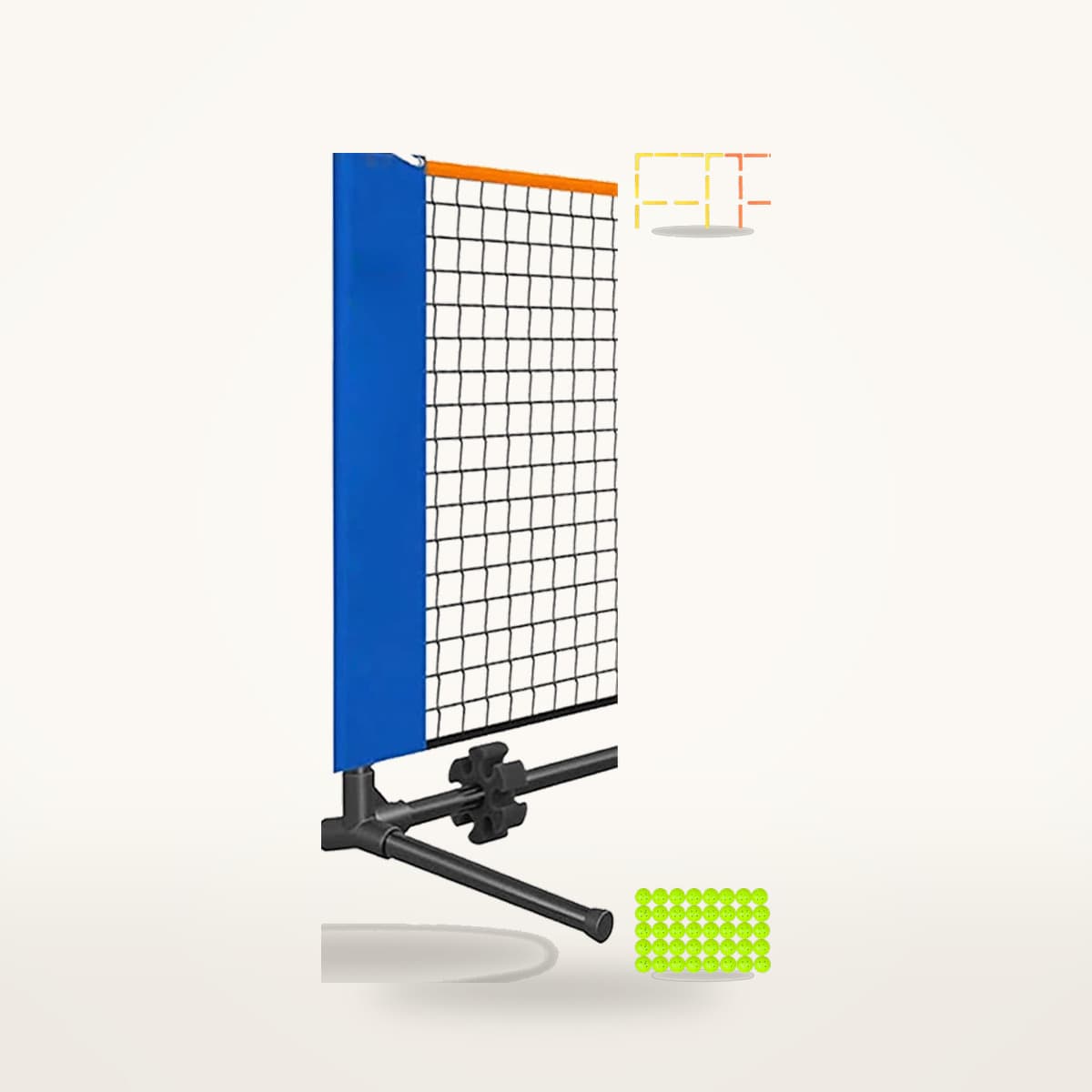Ensemble club de pickleball : filet à cadre métal, lignes de terrain jaunes et orange et quarante balles vert fluo