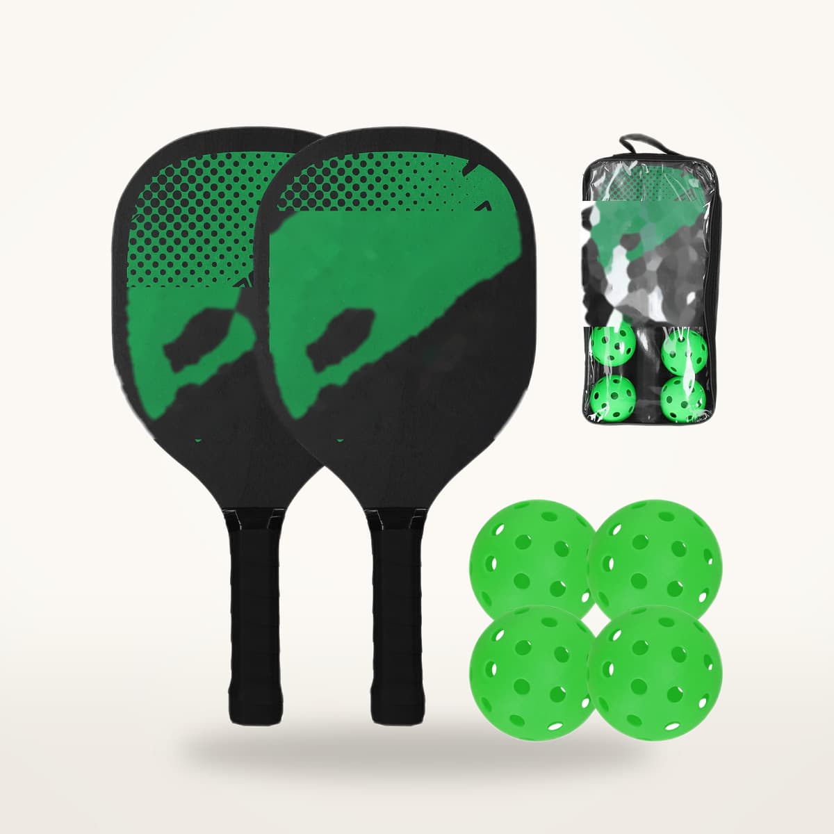 Kit de pickleball avec deux raquettes noir et vert, quatre balles vertes et une pochette transparente de rangement
