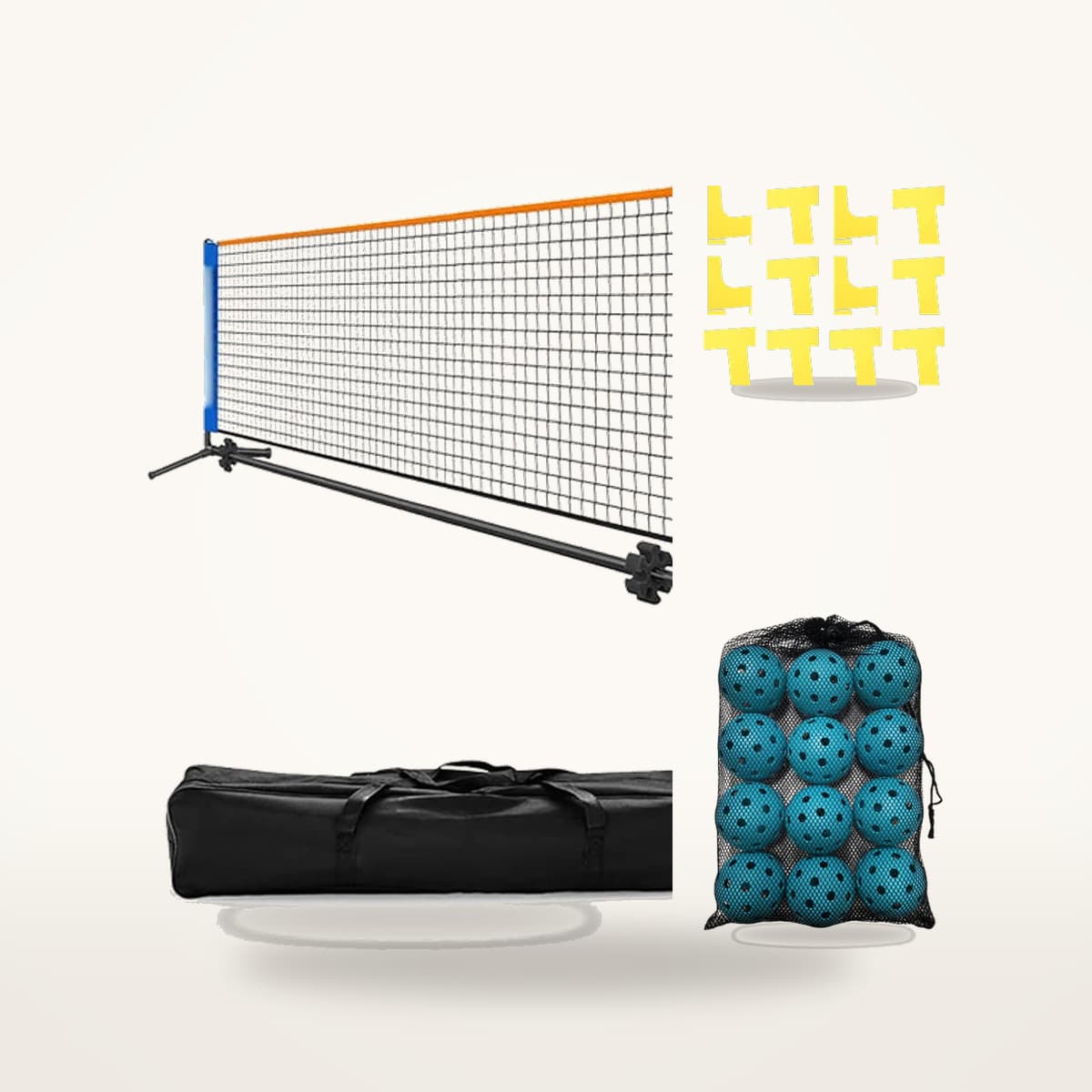 Ensemble terrain de pickleball : filet portable et sa housse, douze marqueurs de lignes jaunes et douze balles bleues en filet