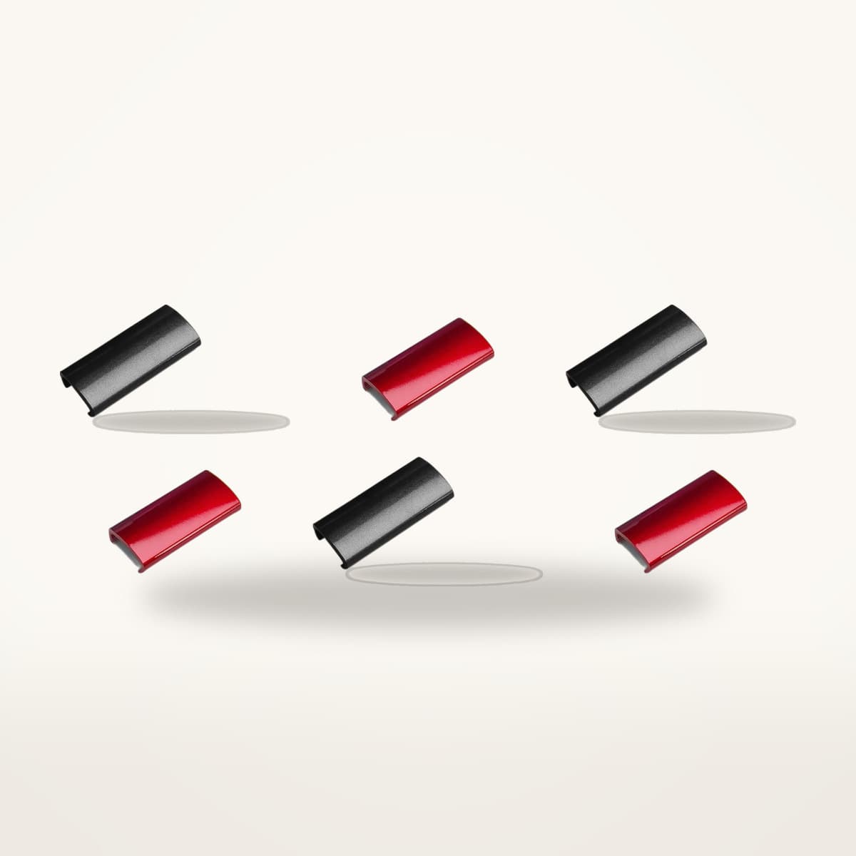 Six clips de lest à emboîter sur la tranche d'une raquette, trois noirs et trois rouges