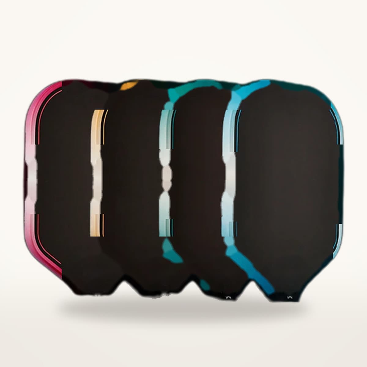 Quatre raquettes de pickleball thermoformées disposées en éventail, tranches moulées de couleurs différentes