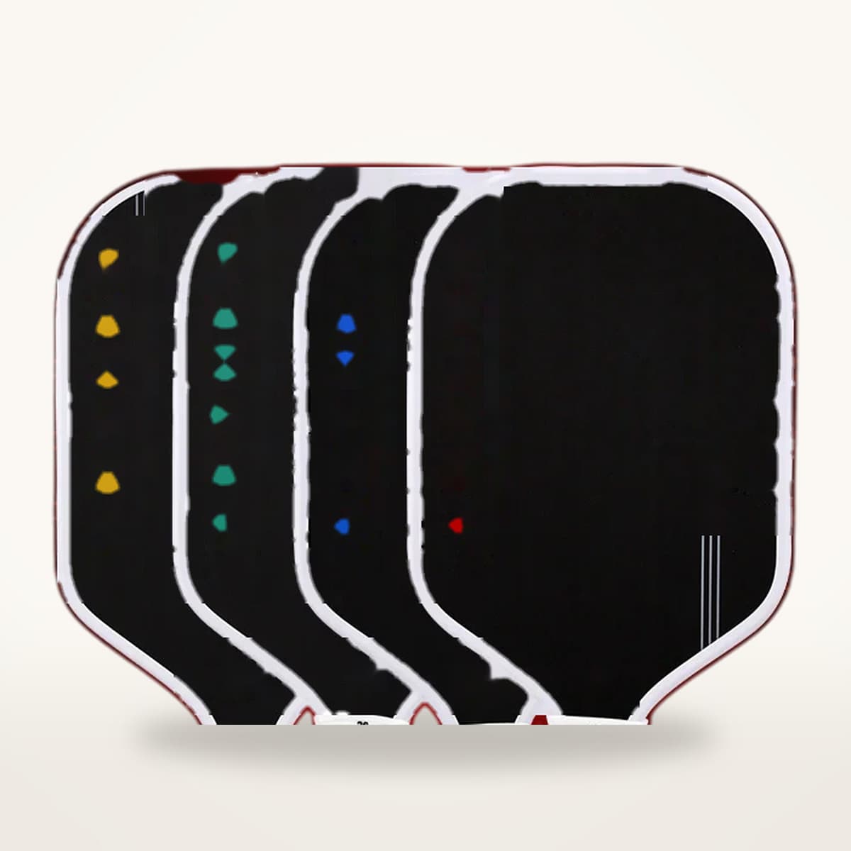 Quatre raquettes de pickleball thermoformées à tamis allongé, superposées en éventail